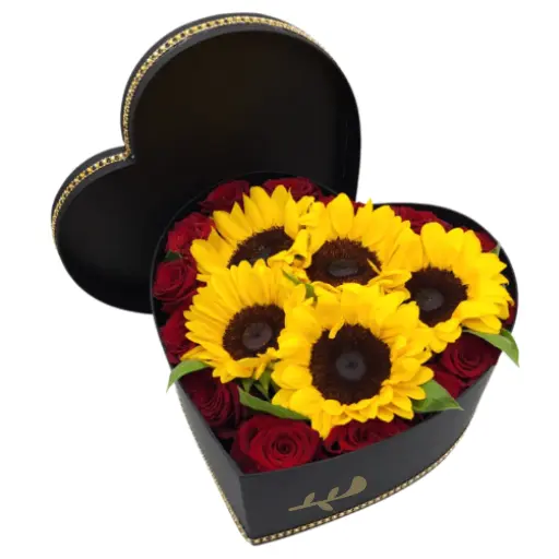 Caja corazon flores girasoles y rosas XL